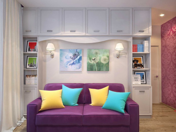 szeder színű kanapé-könyv a szobában egy tinédzser számára