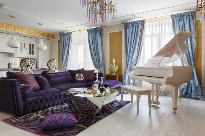 purple sofa in fusion style interior