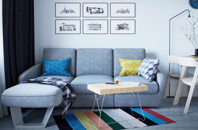 modelo ng sofa na may maaaring iurong ottoman sa interior