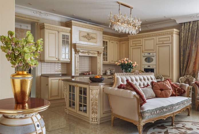 sofa in the interior of the kitchen in a classic style