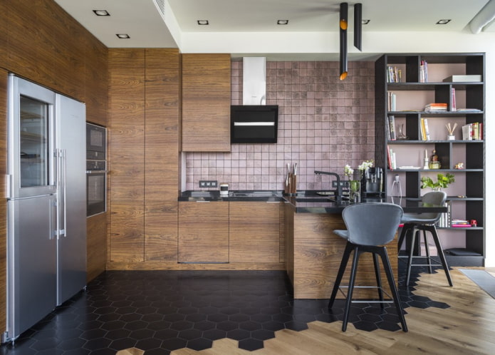 combination of laminate and tiles in the interior of the kitchen