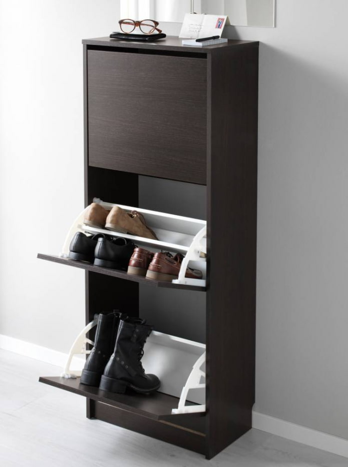 wenge-colored shoe rack in the interior of the hallway