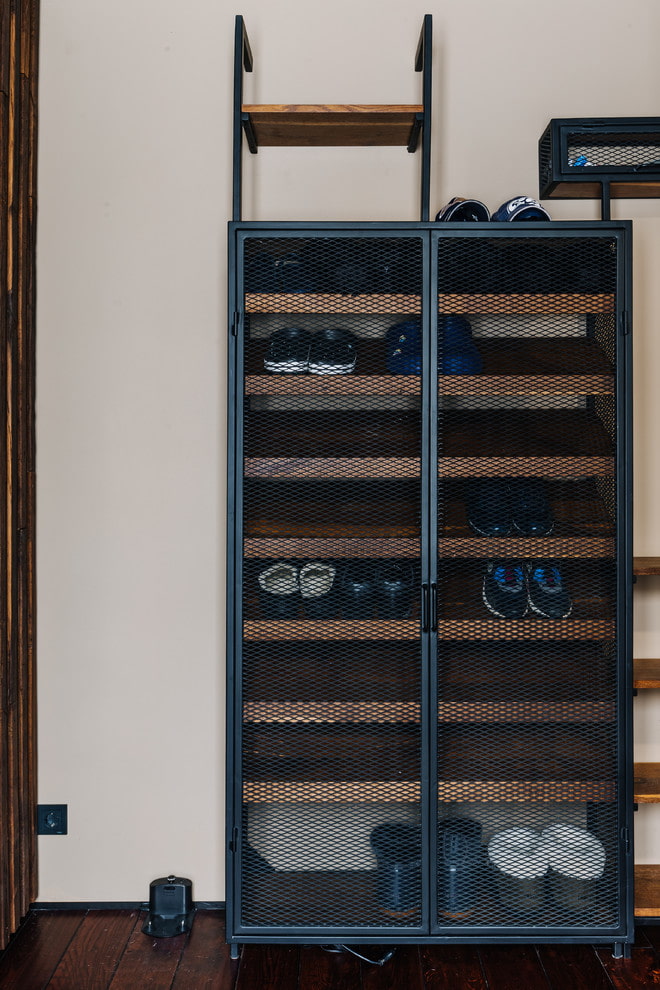 shoe rack in the interior of the hallway in the loft style