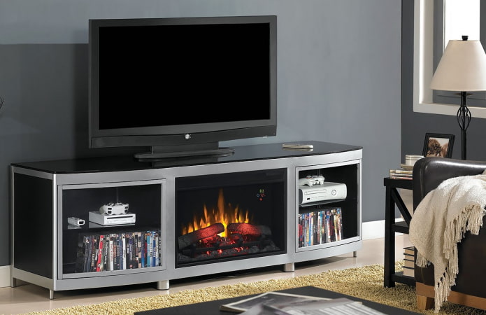 TV stand na may electric fireplace sa interior
