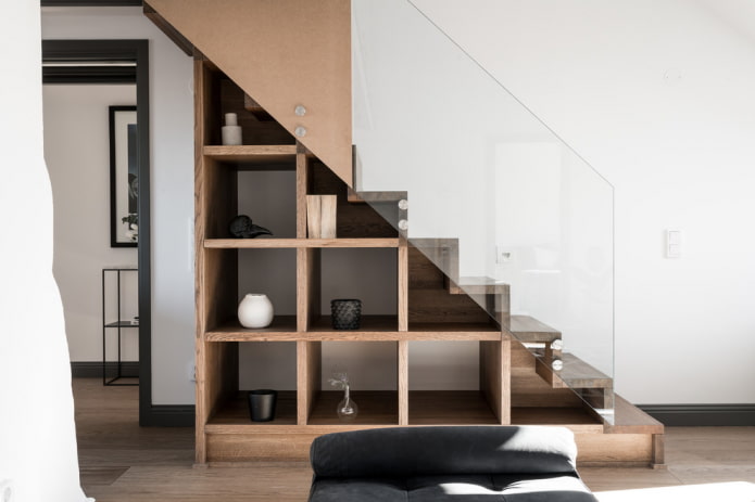 built-in open wardrobe under the flight of stairs