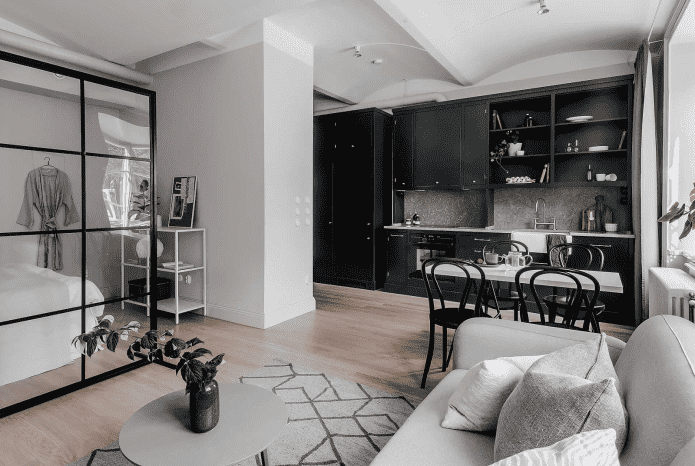 loob ng isang studio apartment na may istilong Scandinavian