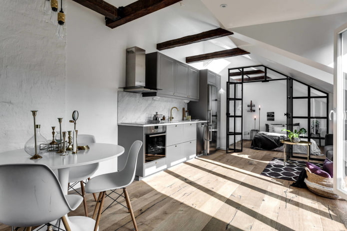 interior design of kitchen-studio in Scandinavian style