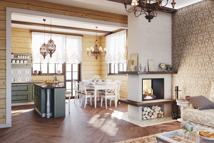 interior-kitchen-studio na may isang fireplace sa anyo ng isang pagkahati