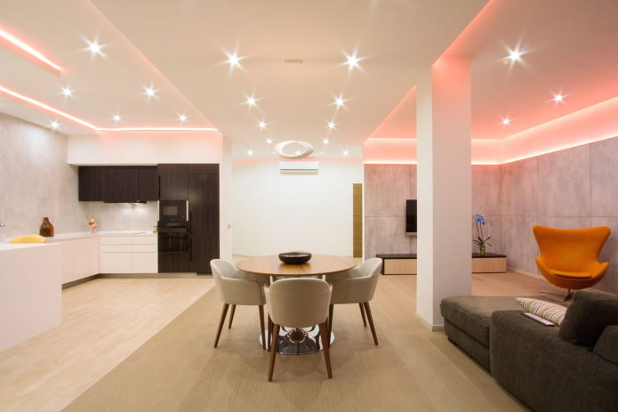 Küche-Studio-Interieur mit Zonierung in Form von Beleuchtung