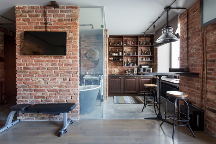 panloob na disenyo ng isang loft-style kitchen studio