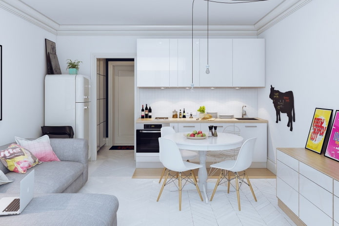 design of a kitchen area in a studio apartment