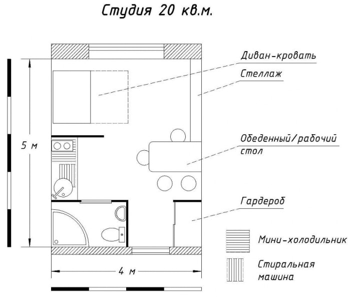 Studio layouts 20 sq. m.