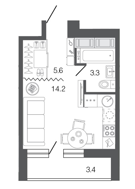 ang layout ng apartment ay 18 sq m