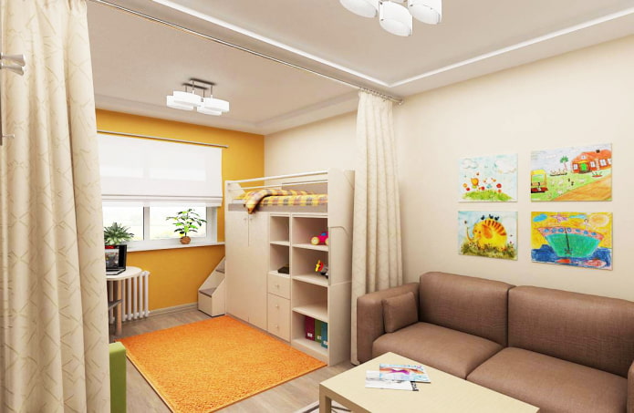 Interieur eines Studio-Apartments für eine Familie mit einem Kind