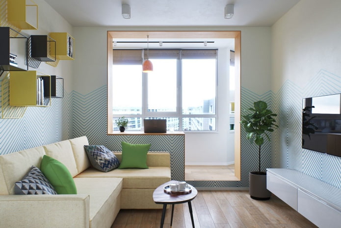 interior of a studio apartment with a balcony