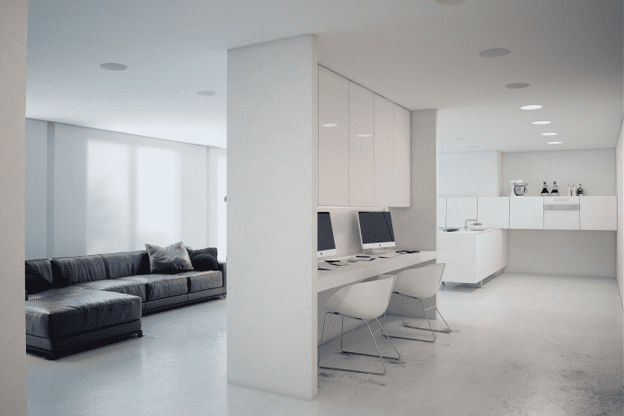 interior ng isang studio apartment sa istilo ng minimalism