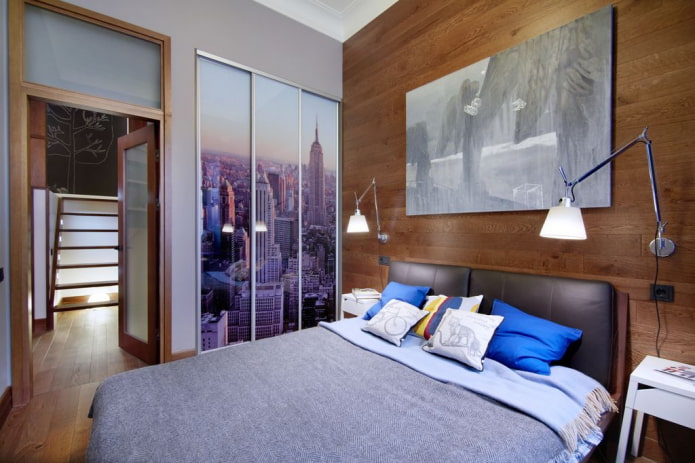 wardrobe with a facade with photo printing in the interior of the bedroom