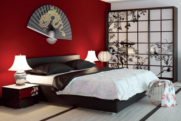 szekrény a hálószoba belsejében, japán stílusban