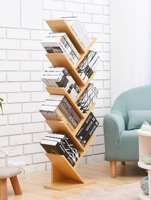 shelves for books in the shape of a herringbone in the interior