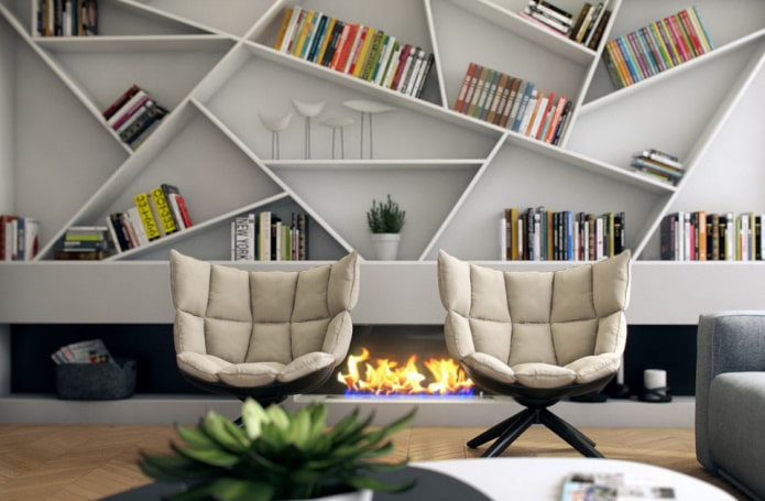 mga bookshelf sa interior sa isang modernong istilo