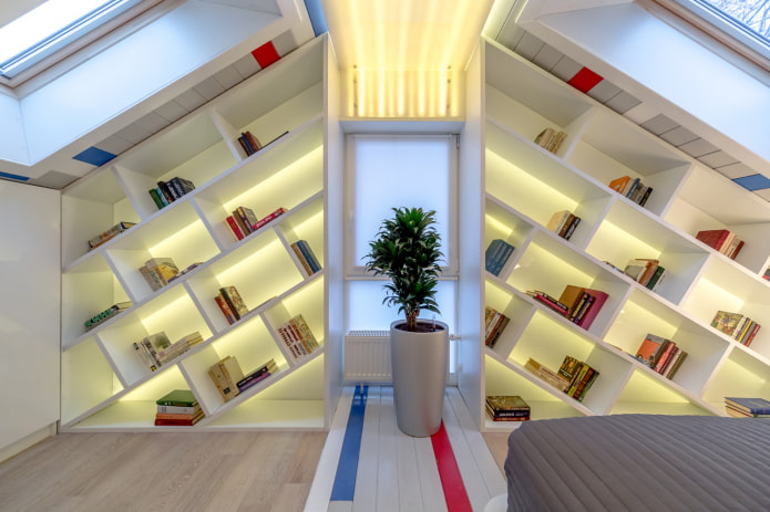 bookshelves by the window in the interior