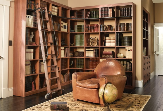 corner shelves for books in the interior
