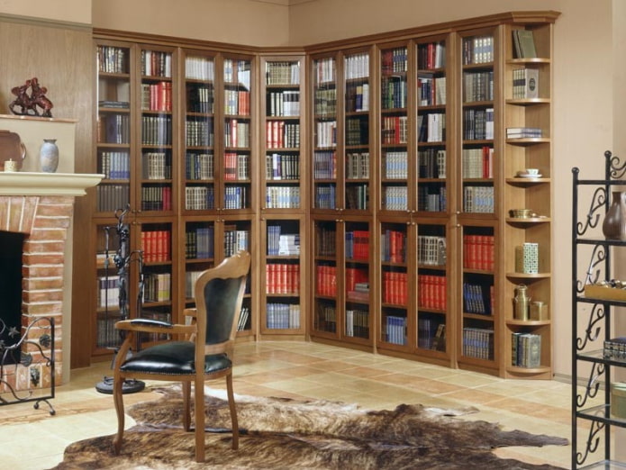 bookshelves in the corner in the interior