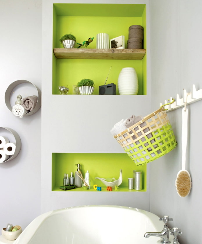 Bright green shelves in niches