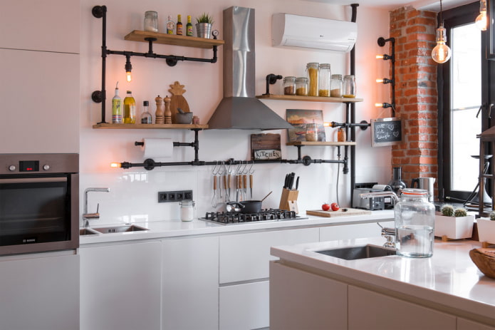 shelves in the interior of a loft-style kitchen