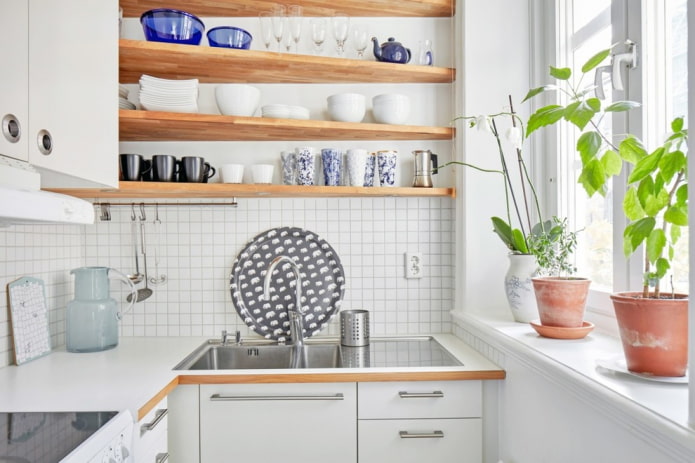 shelves in the interior of the kitchen in the Scandinavian style