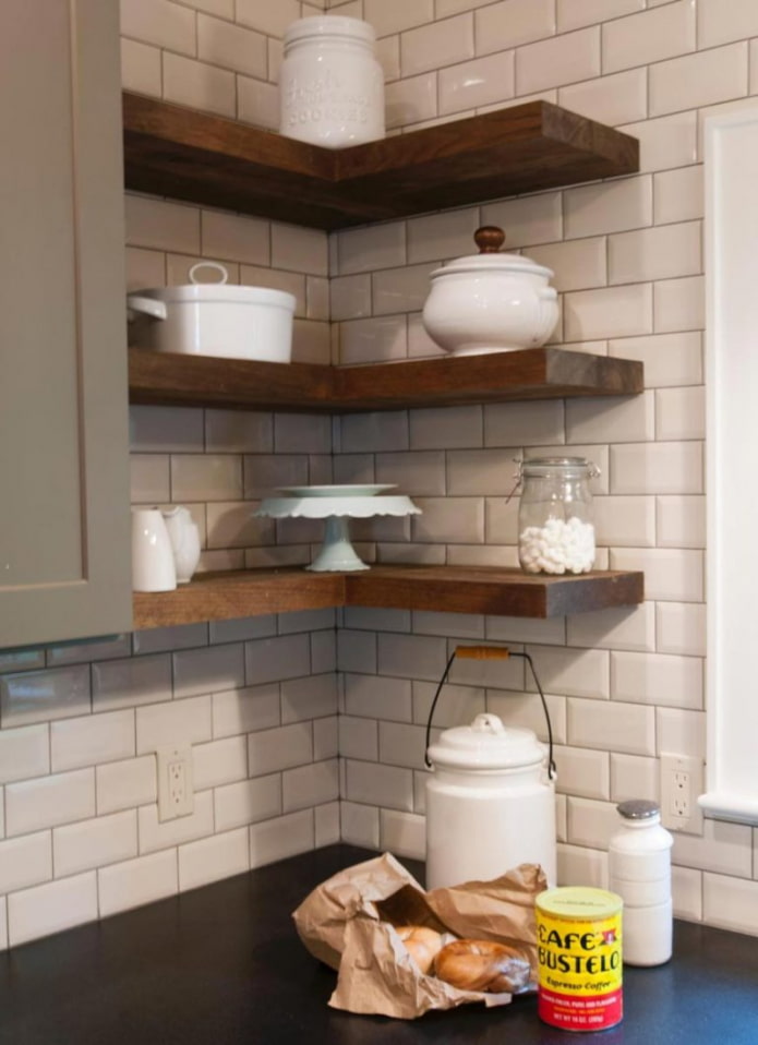 shelves in the corner in the interior of the kitchen