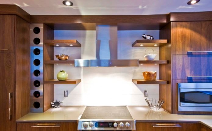 illuminated shelves in the interior of the kitchen