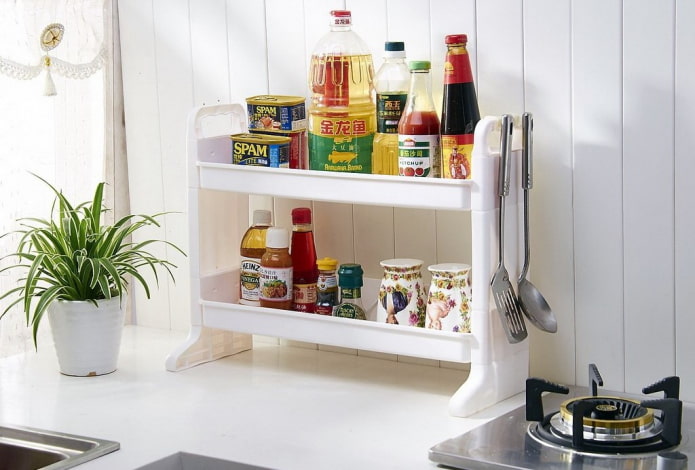 plastic shelves in the interior of the kitchen