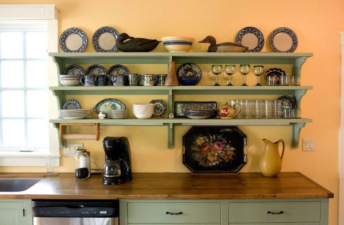 shelves in the interior of the kitchen in country style