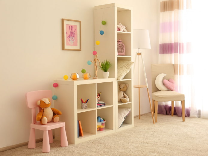shelves in the interior of a nursery for a girl