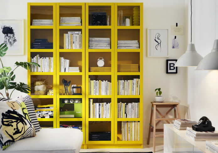 yellow shelving in the interior of the living room
