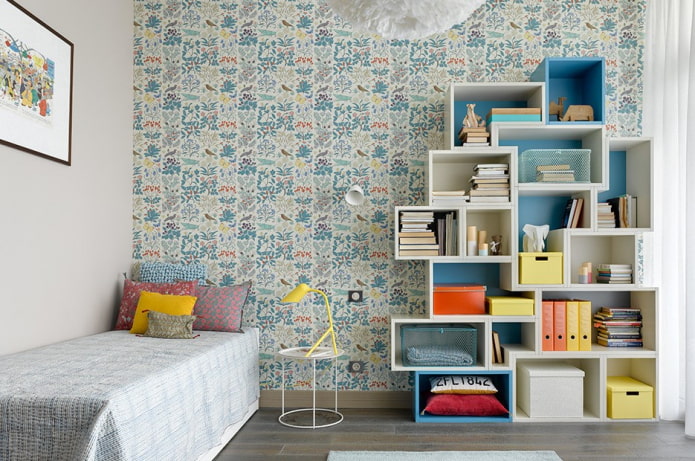 shelving structure in the interior of a teenager's room