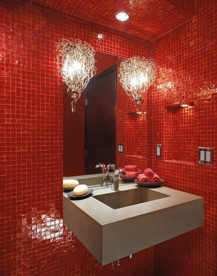 bathroom furnishings in shades of red