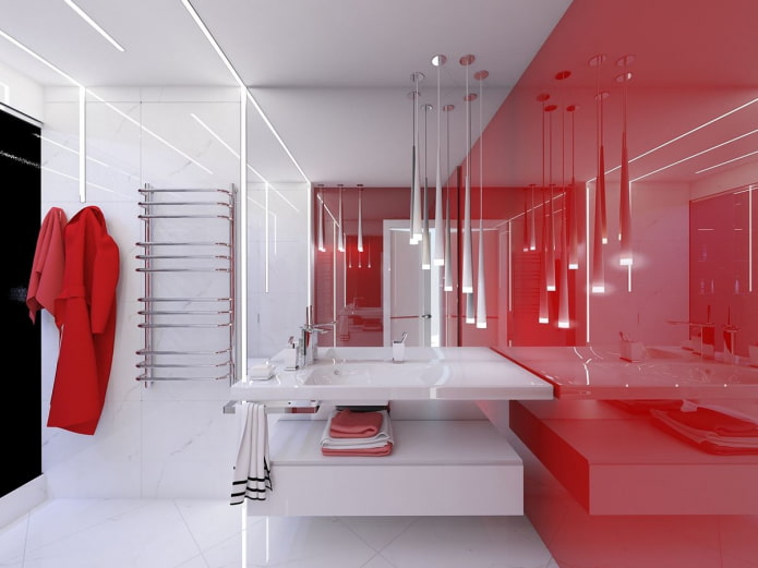 Badezimmer in Rot- und Weißtönen