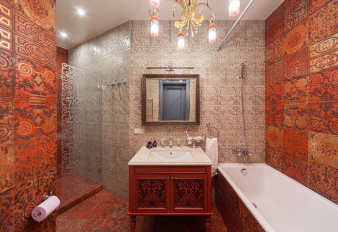 fürdőszoba vörös és szürke árnyalatokkal