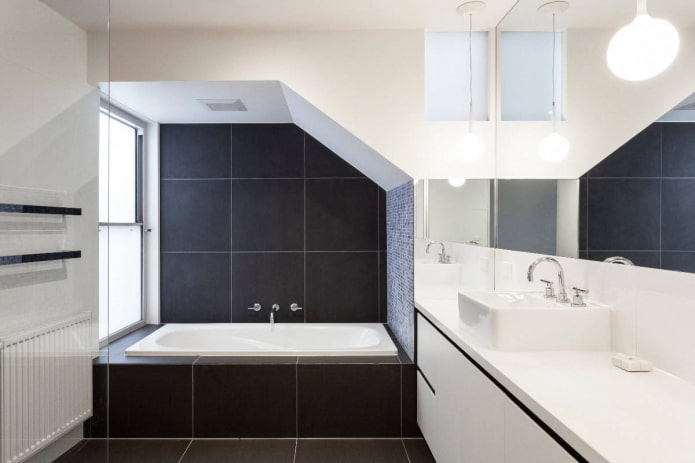 black and white bathroom with niche