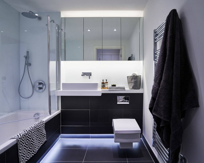 Black and white bathroom with LED lighting