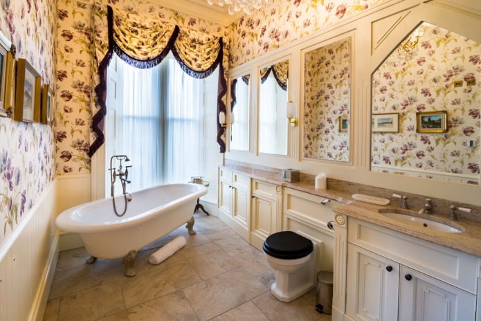 Bathroom with a high window in the Provence style