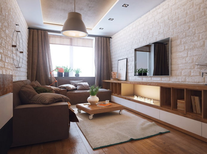 living room design in the interior of an apartment of 40 squares