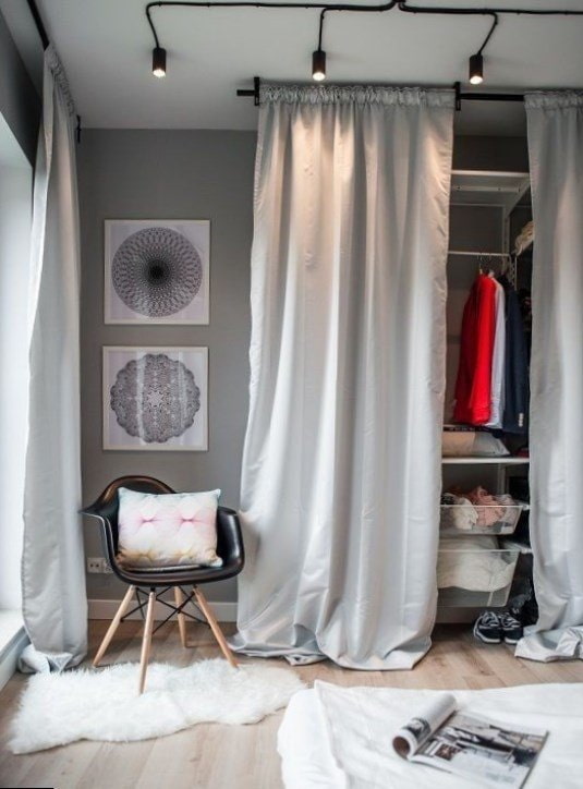 dressing room design in the interior of an apartment of 40 squares