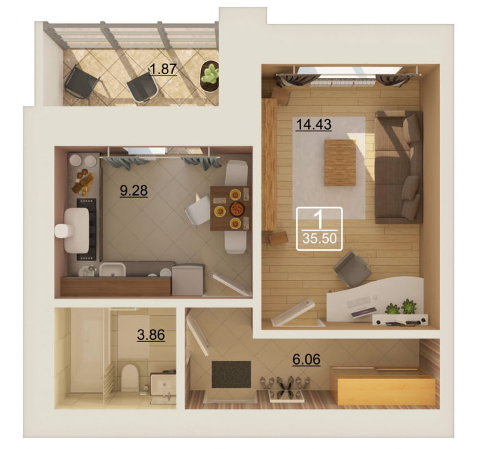the interior of a one-room apartment 35 squares
