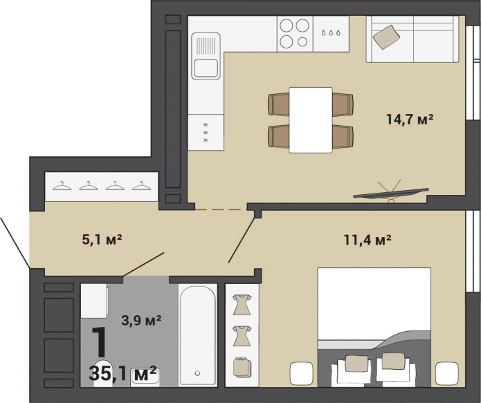 Der Grundriss der Wohnung beträgt 35 qm. m.