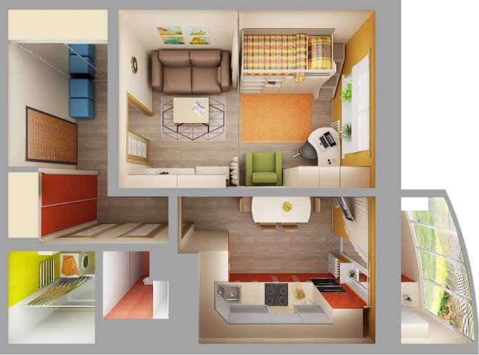 Ang layout ng apartment ay 35 sq. m