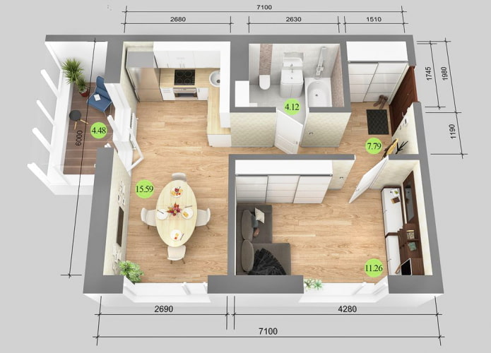 Layout of an apartment of 38 square meters with a footage