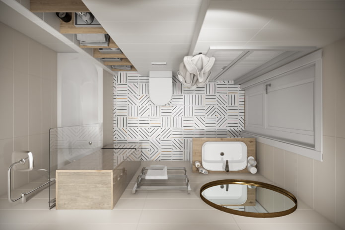 Design eines Badezimmers im Inneren einer Wohnung von 45 Plätzen
